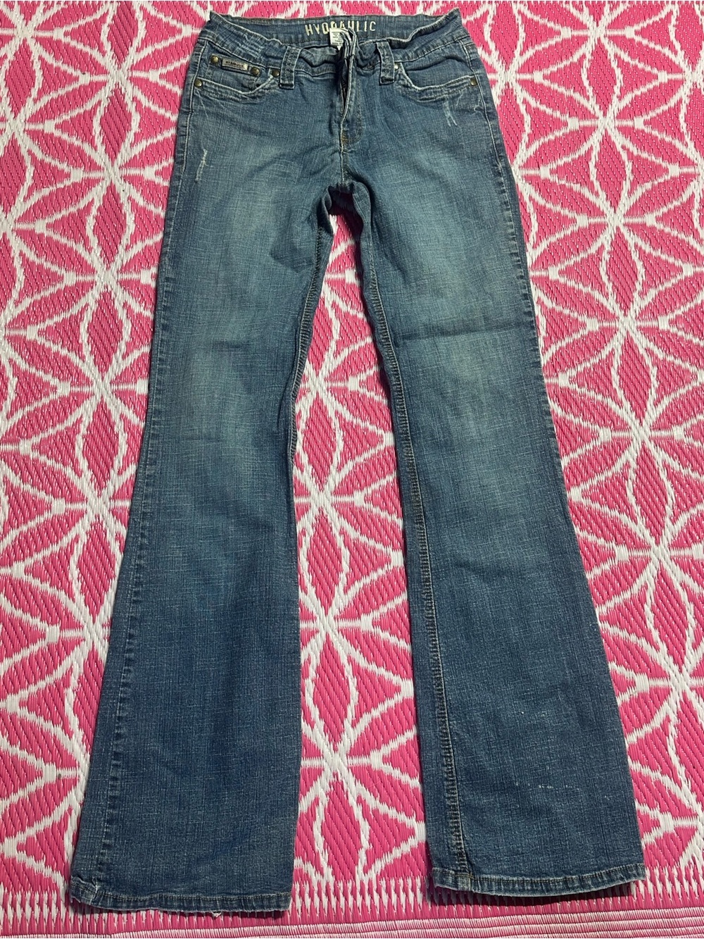 Vintage Hydraulic Blue Denim Flare Jeans Low Rise Embroidered Pockets Size 9/10